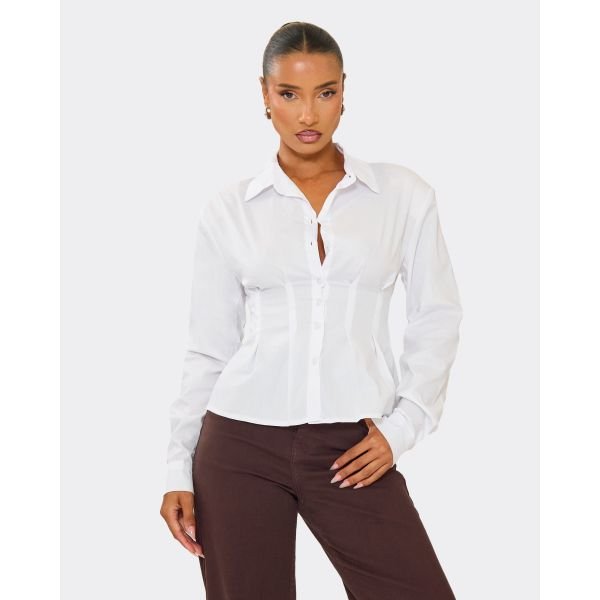EGO Long Sleeve Shoulder Pad Cinched Waist Detail Shirt In White, Women's Size UK 6 - 2