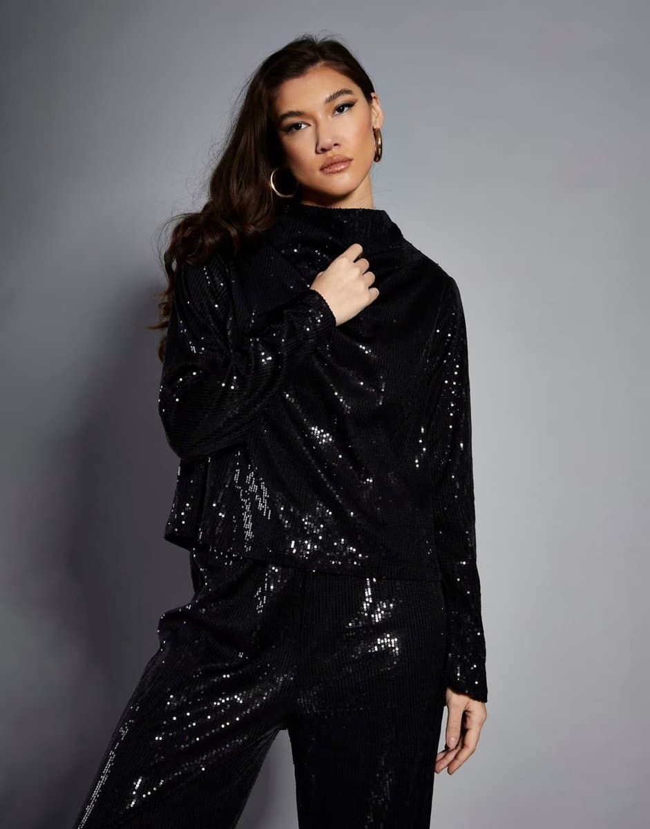 ASOS Narrated High neck ling sleeve blouse in black sequin