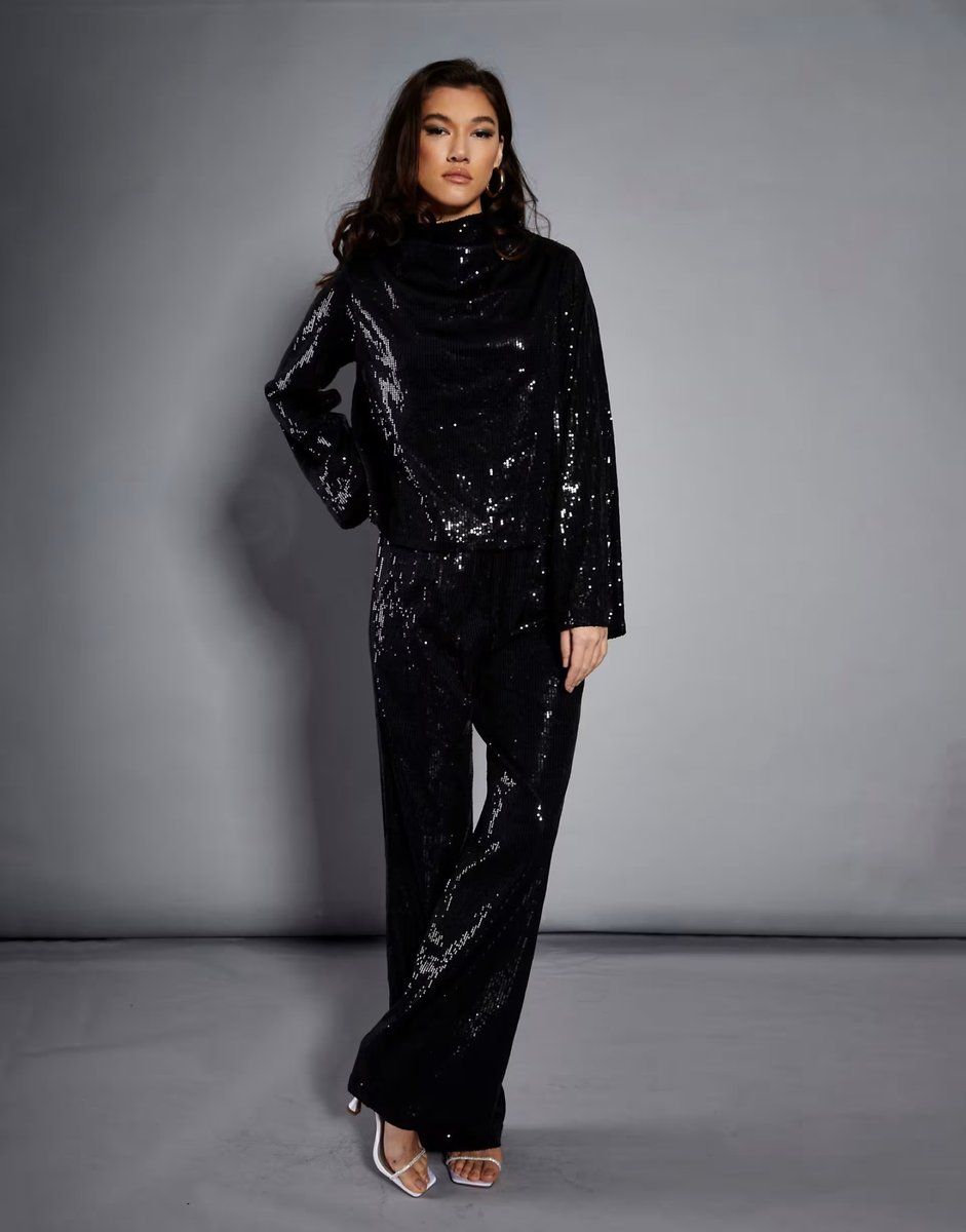 ASOS Narrated High neck ling sleeve blouse in black sequin - 3