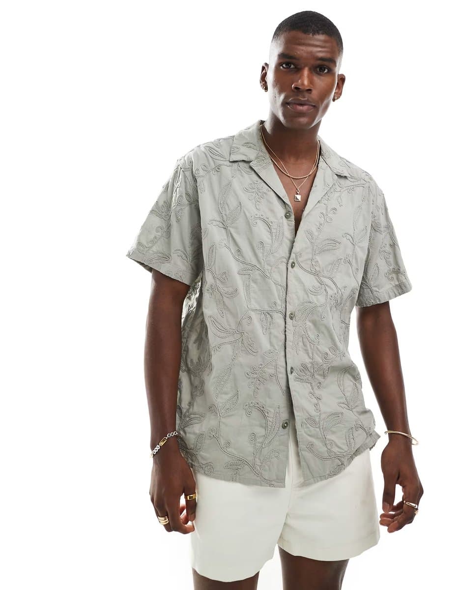 ASOS Jack & Jones emboridery short sleeve shirt in khaki