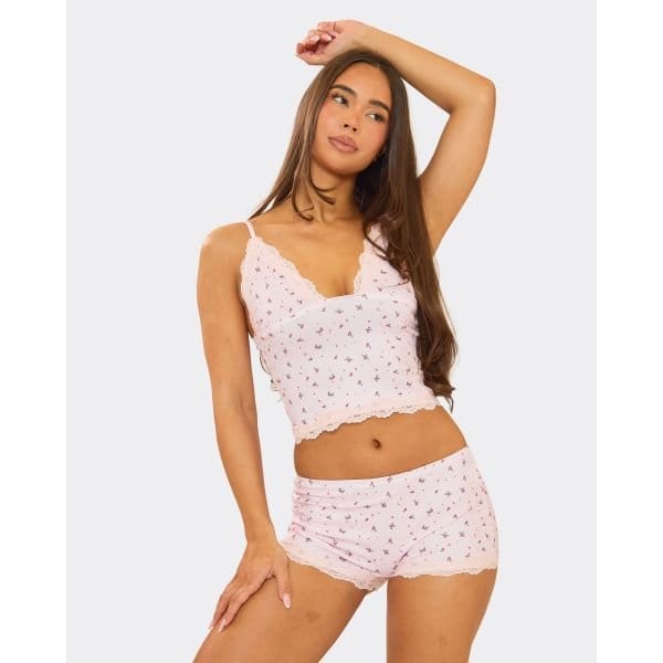 EGO Lace Trim Festive Cami Top And Short Set In Baby Pink, Women's Size UK Large L - 2