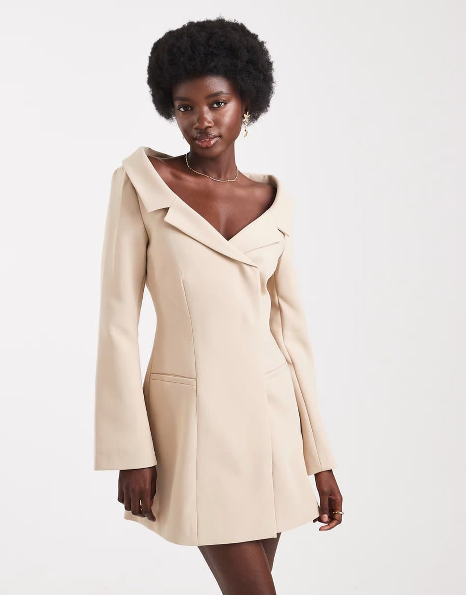 ASOS ASOS DESIGN off shoulder blazer dress in camel