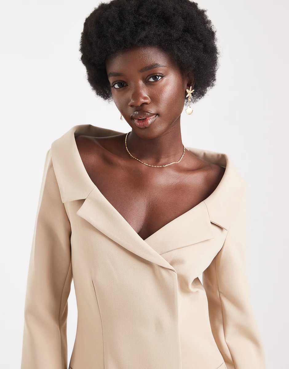 ASOS ASOS DESIGN off shoulder blazer dress in camel - 4