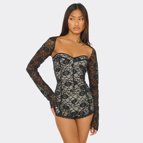 EGO Long Sleeve Cup Detail Playsuit In Black Lace, Women's Size UK 6