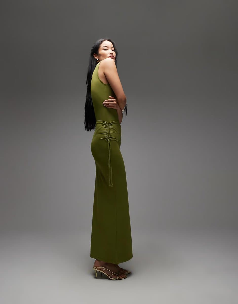 ASOS ASOS DESIGN co-ord slinky polyamide ruched tie waist maxi skirt in olive