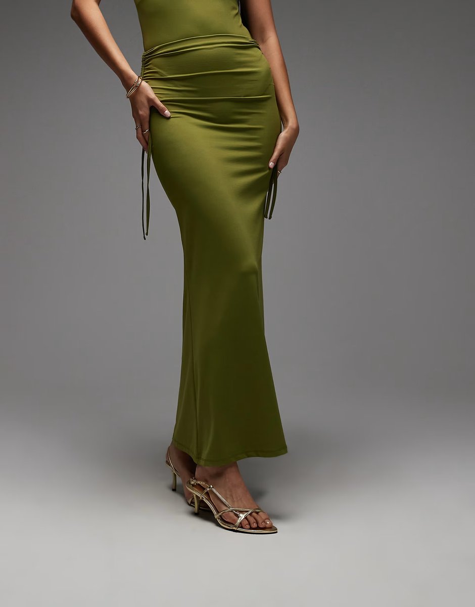 ASOS ASOS DESIGN co-ord slinky polyamide ruched tie waist maxi skirt in olive - 2