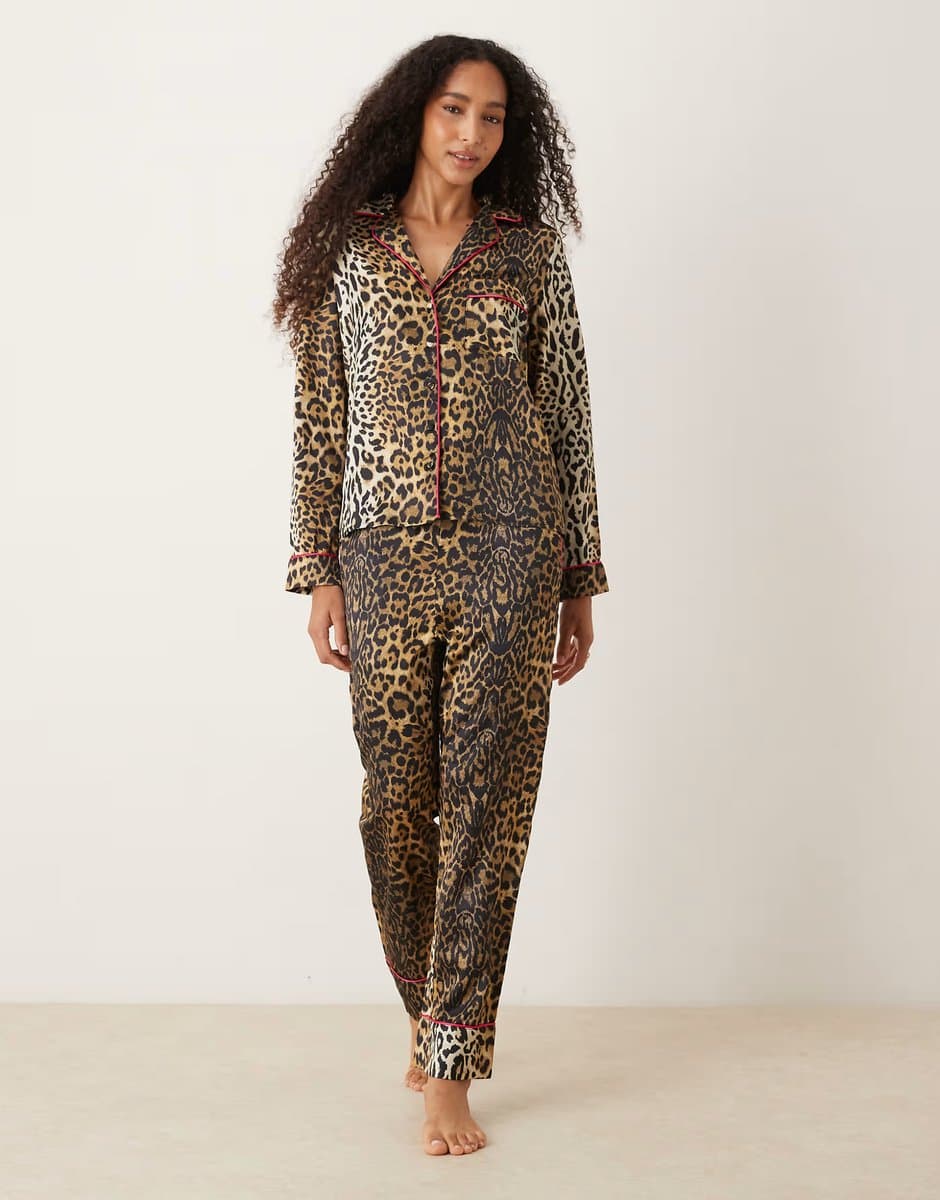 ASOS Hope & Ivy satin pyjama top and trousers set in brown leopard print