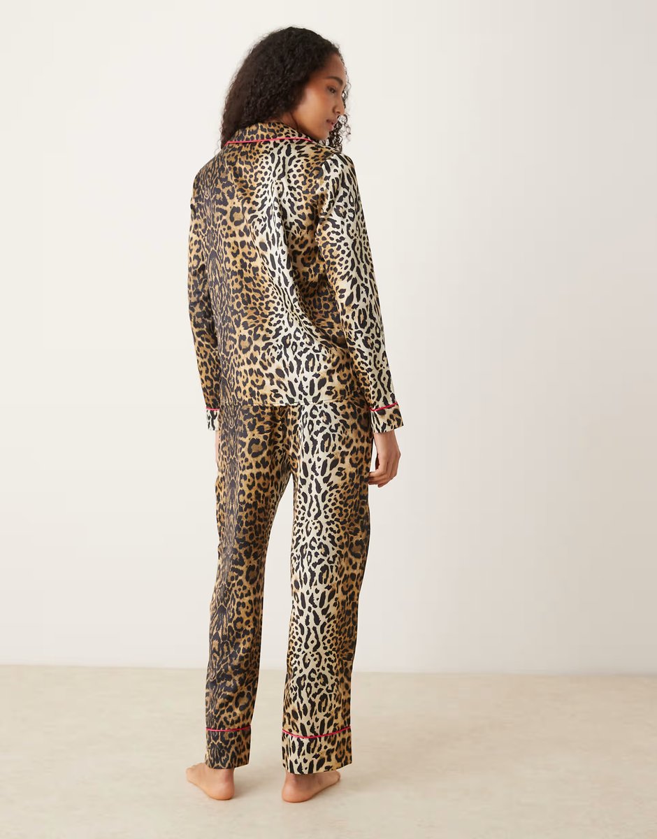 ASOS Hope & Ivy satin pyjama top and trousers set in brown leopard print - 3