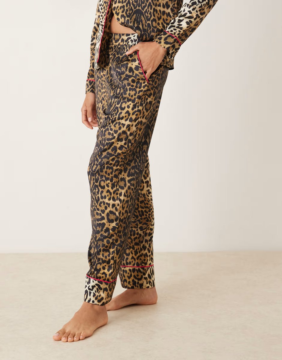 ASOS Hope & Ivy satin pyjama top and trousers set in brown leopard print - 4