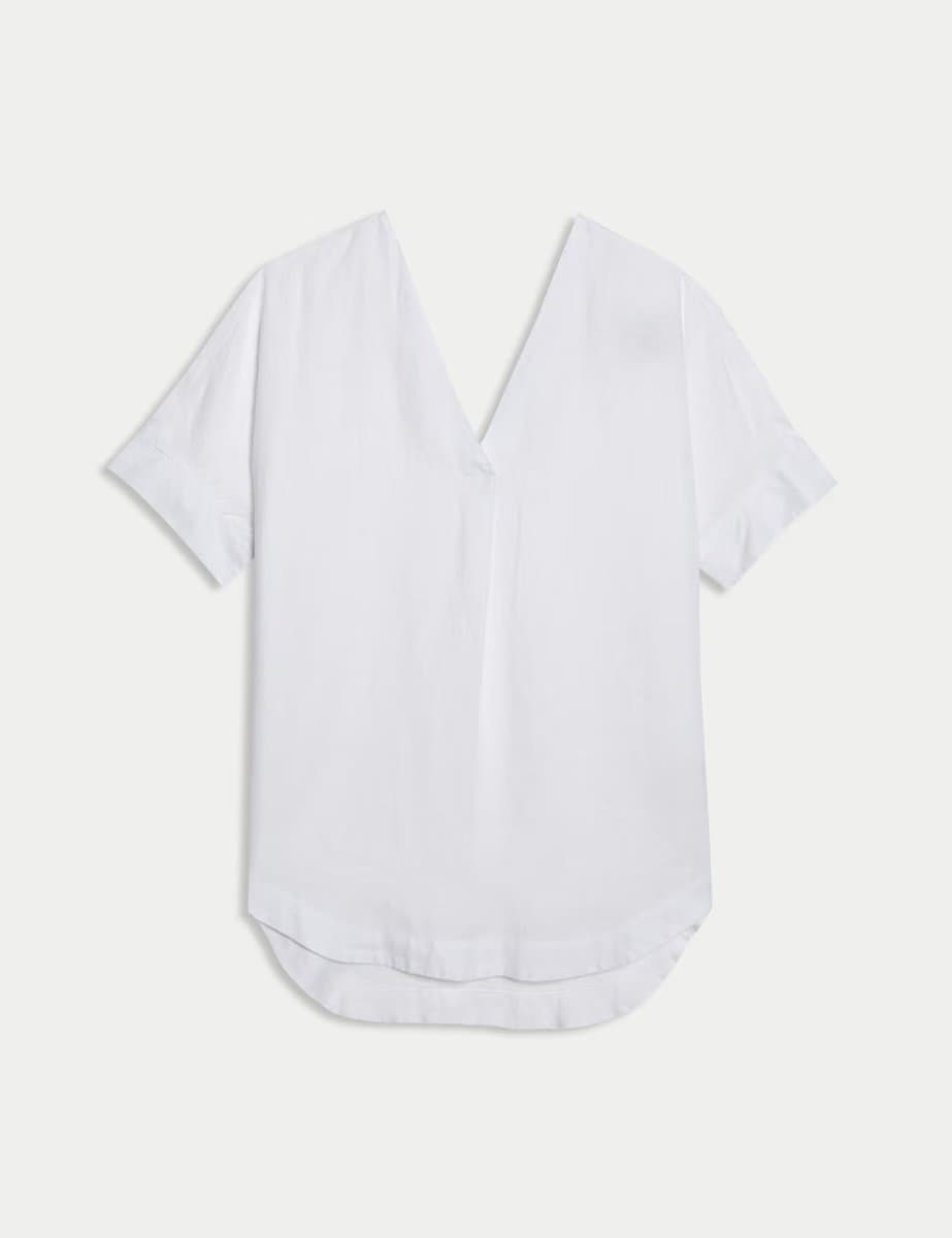Marks & Spencer M&S Pure Linen V-Neck Relaxed Popover Blouse White