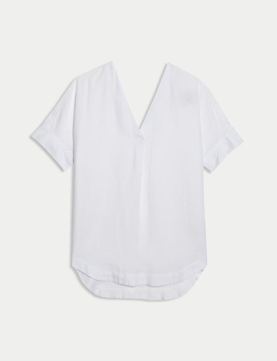 Marks & Spencer M&S Pure Linen V-Neck Relaxed Popover Blouse White - 2