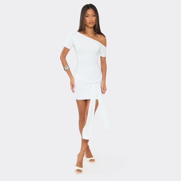 EGO Off The Shoulder Asymmetric Neckline Tie Front Drape Mini Dress In White, Women's Size UK 6 - 1