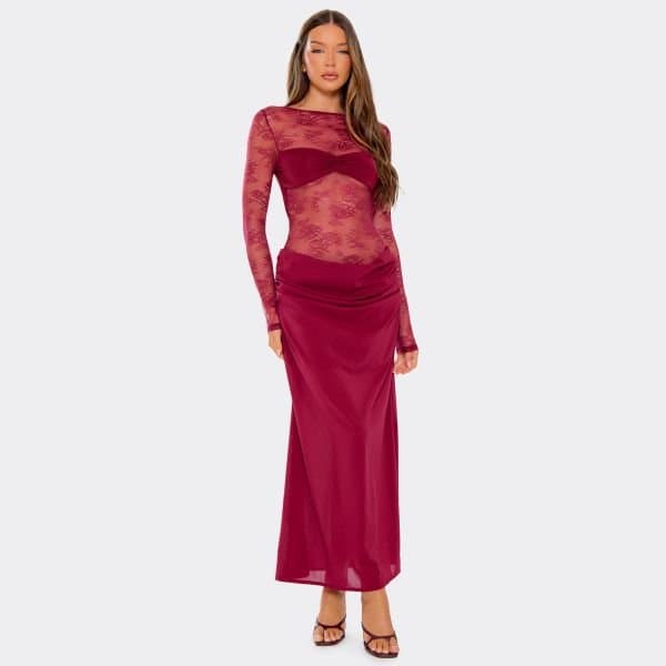 EGO Long Sleeve Contrast Lace Twist Bust Detail Maxi Dress In Burgundy, Women's Size UK Large L