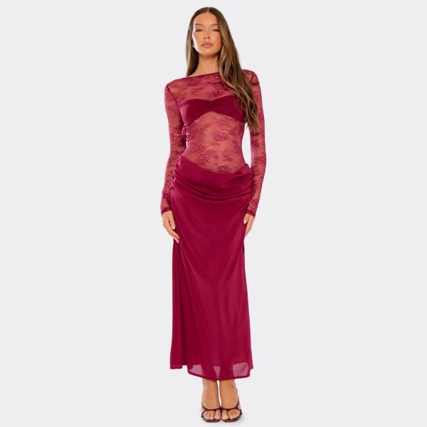 EGO Long Sleeve Contrast Lace Twist Bust Detail Maxi Dress In Burgundy, Women's Size UK Large L - 2