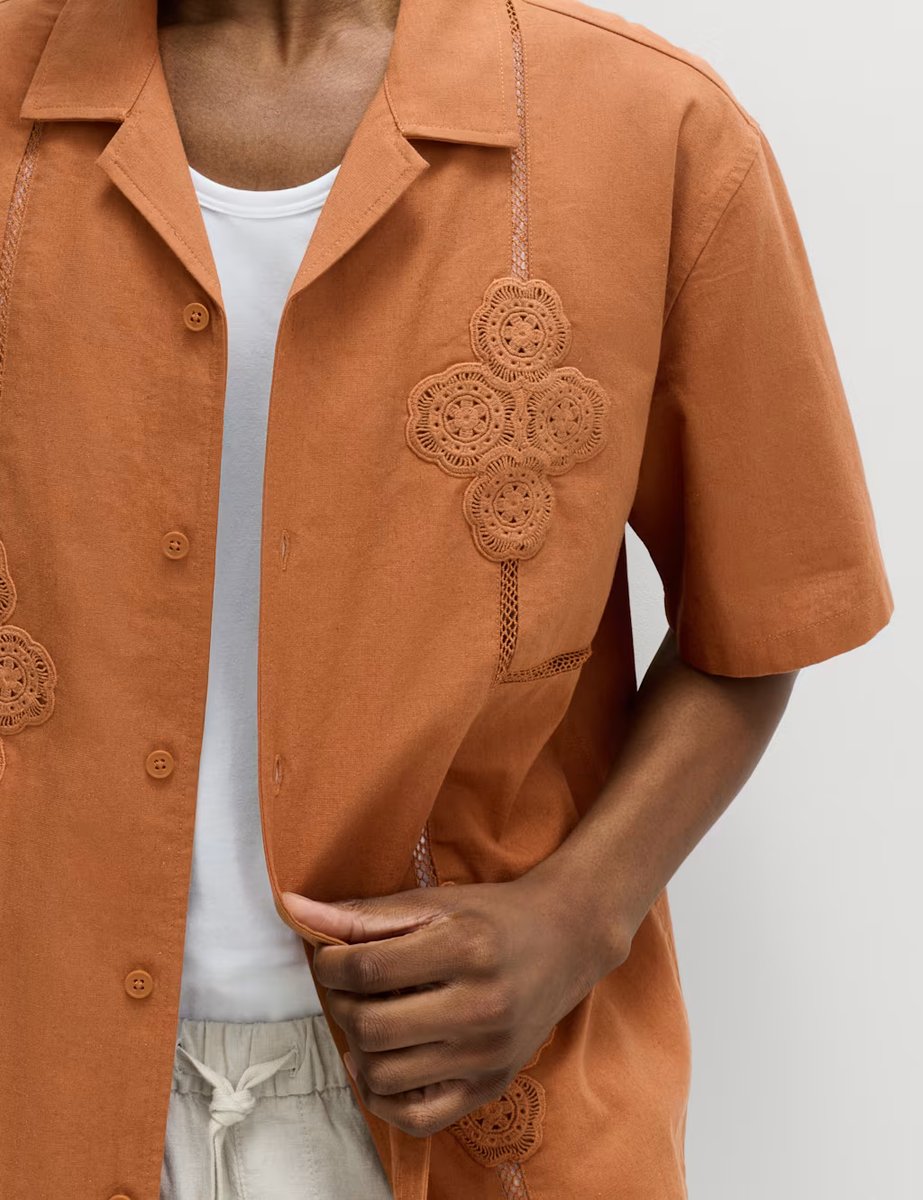 Marks & Spencer M&S Cotton Rich Embroidered Short Sleeve Shirt Orange - 2