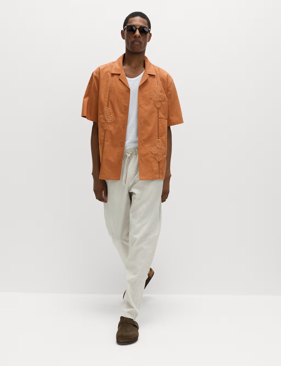 Marks & Spencer M&S Cotton Rich Embroidered Short Sleeve Shirt Orange - 4