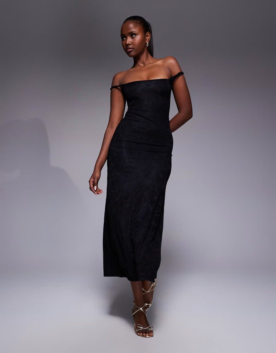 ASOS Kaiia exclusive double layered slinky lace twist off shoulder midaxi dress in black