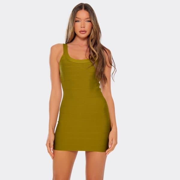 EGO Scoop Neck Mini Dress In Olive Green Bandage, Women's Size UK 6