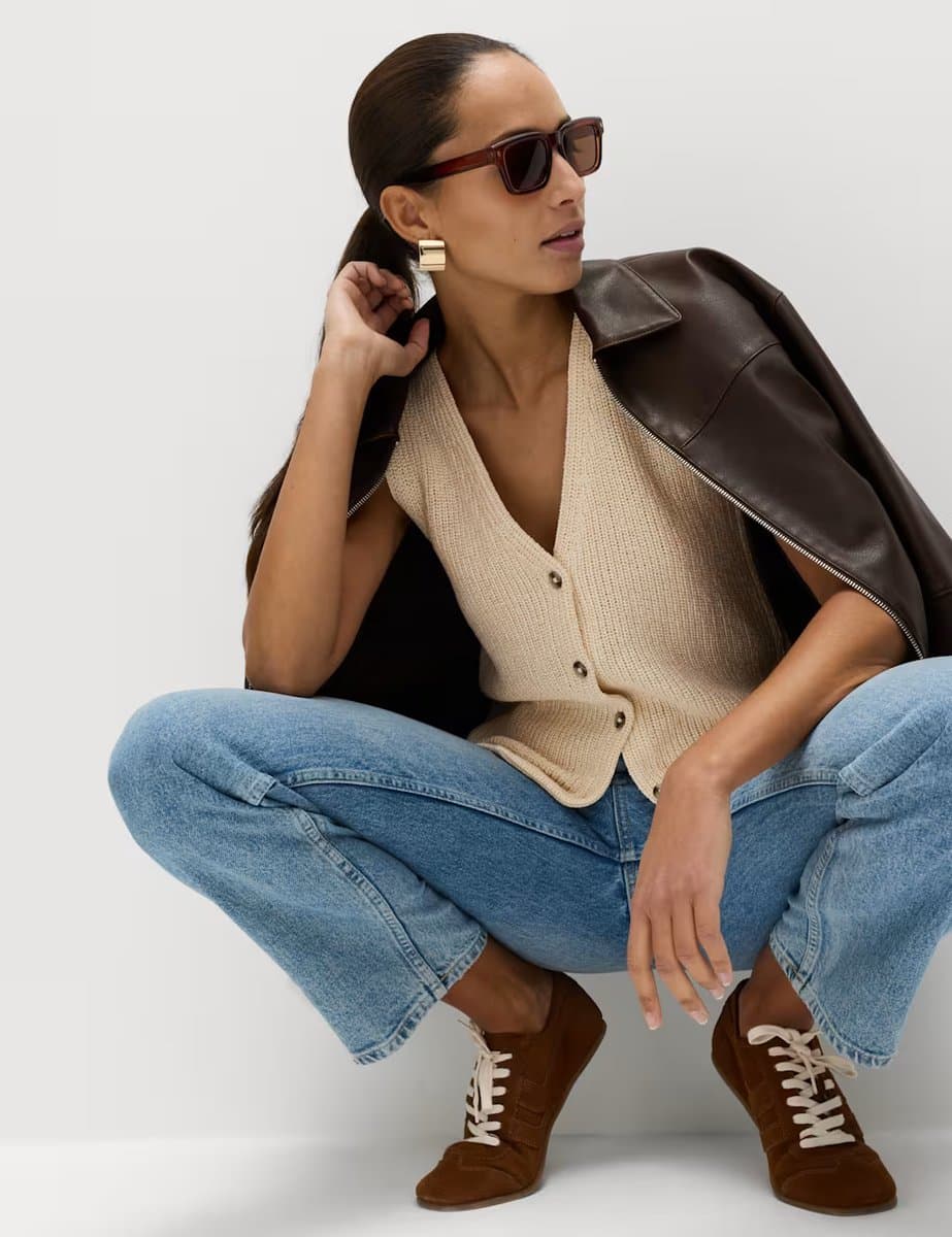 Marks & Spencer M&S Ribbed Knit Waistcoat in Cream