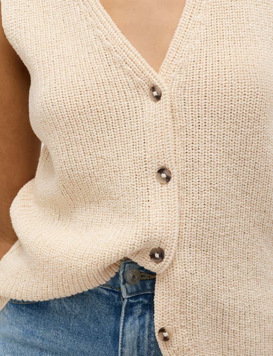 Marks & Spencer M&S Cotton Blend Ribbed Knitted Waistcoat Cream - 4