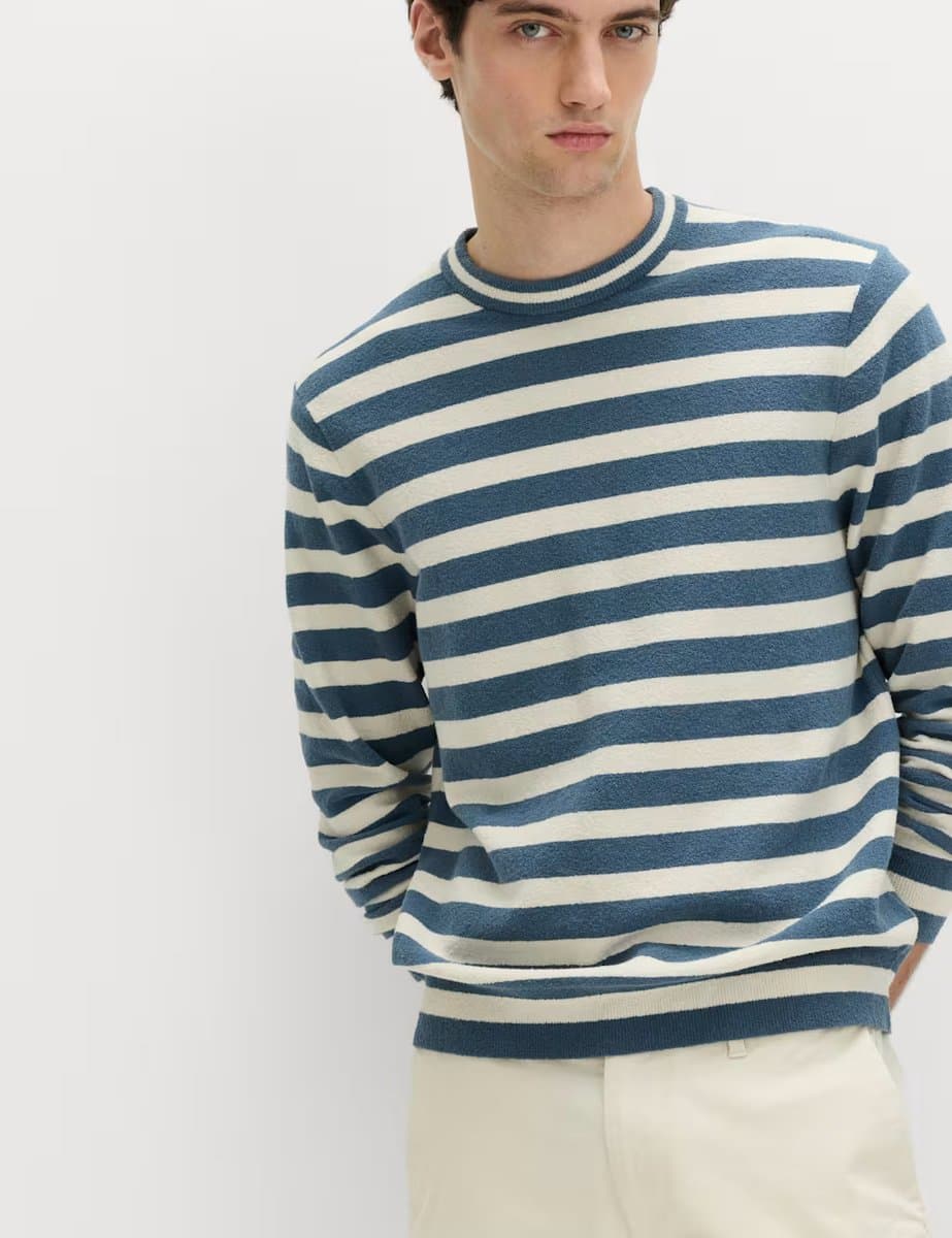 Marks & Spencer M&S Cotton Rich Boucle Striped Crew Neck Jumper Blue Mix