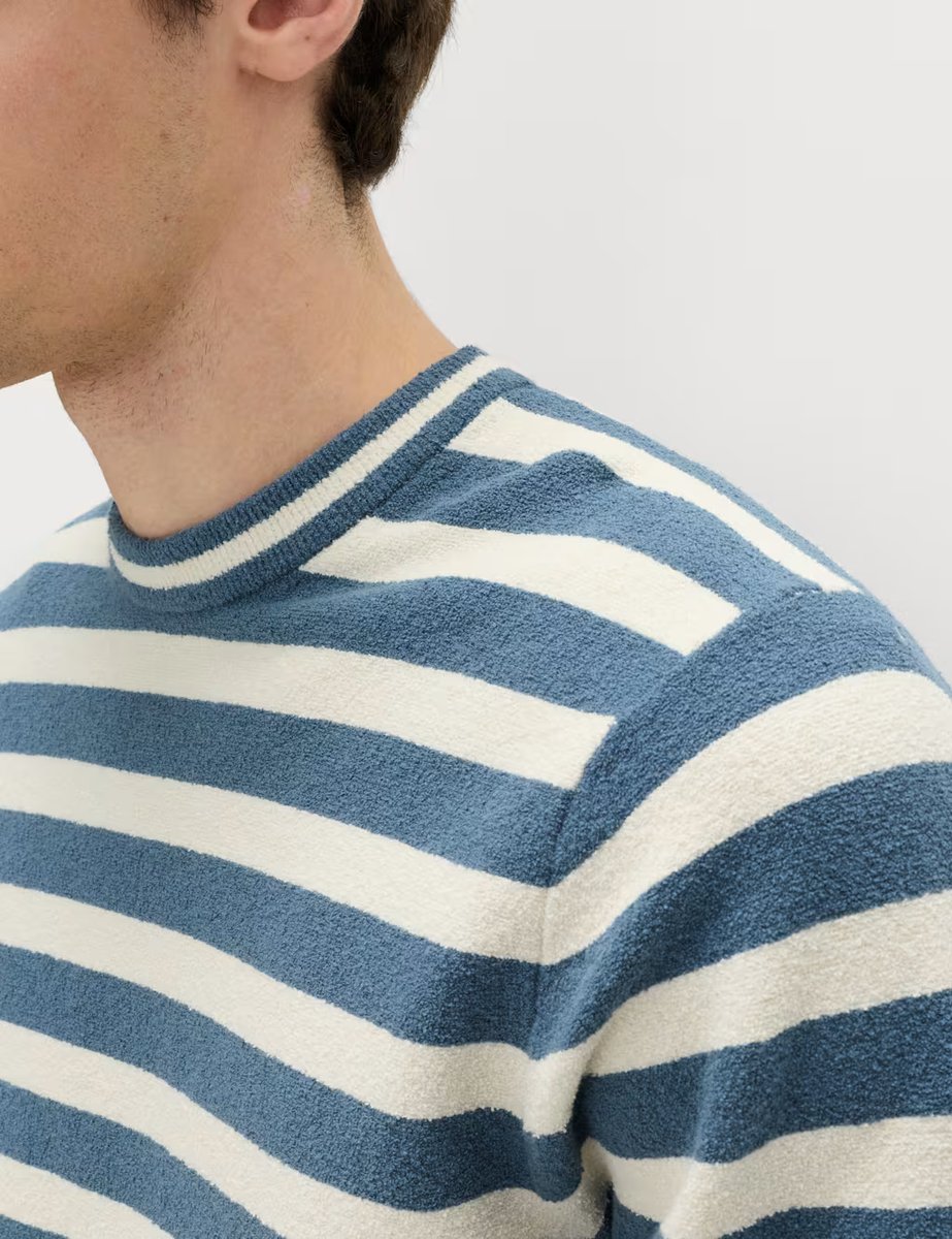 Marks & Spencer M&S Cotton Rich Boucle Striped Crew Neck Jumper Blue Mix - 2