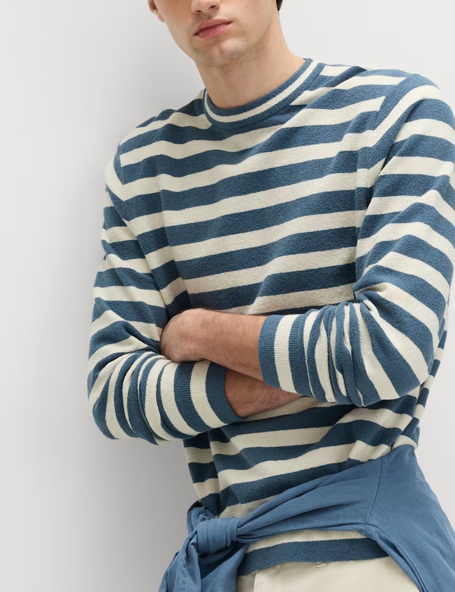 Marks & Spencer M&S Cotton Rich Boucle Striped Crew Neck Jumper Blue Mix - 3