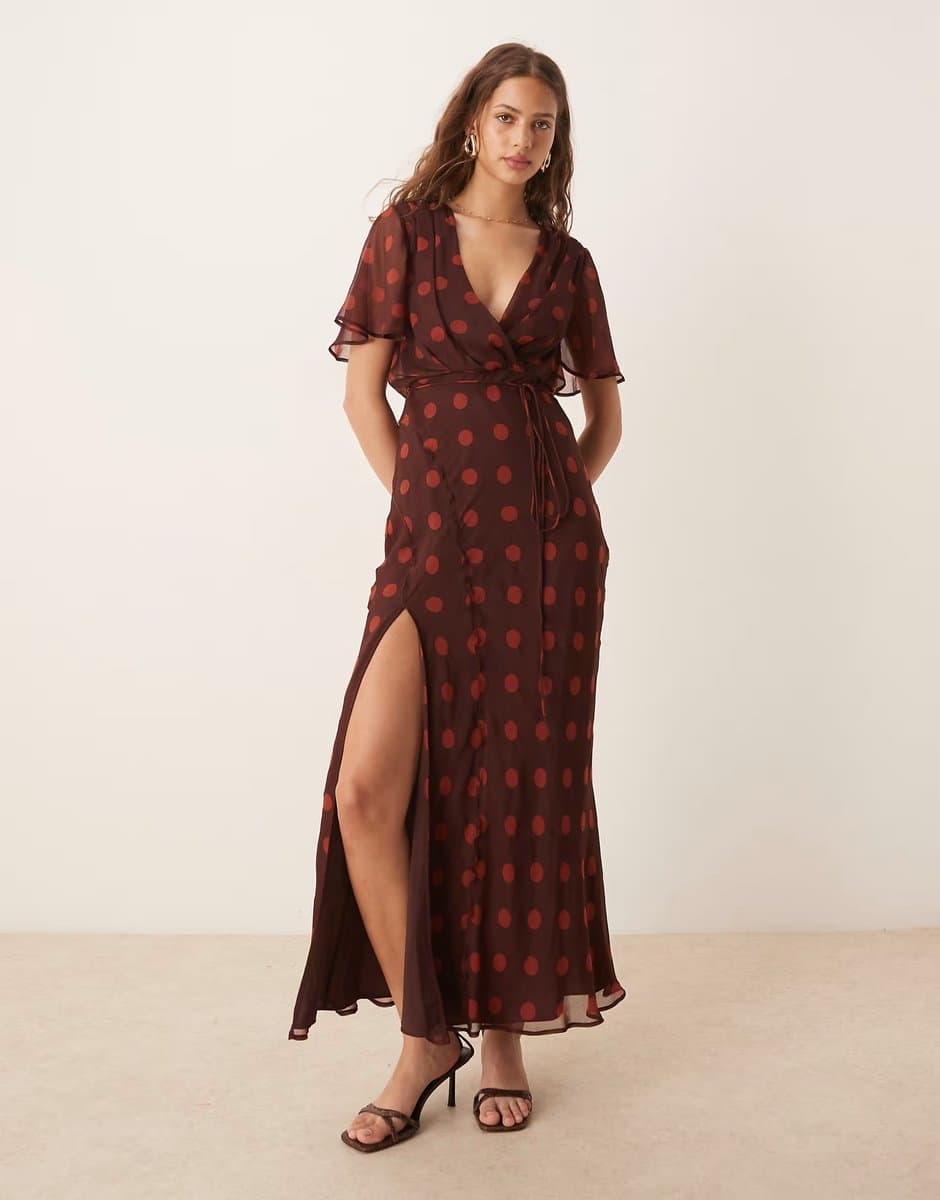 ASOS ASOS DESIGN angel sleeve wrap front midi dress with seaming details in cherry spot print