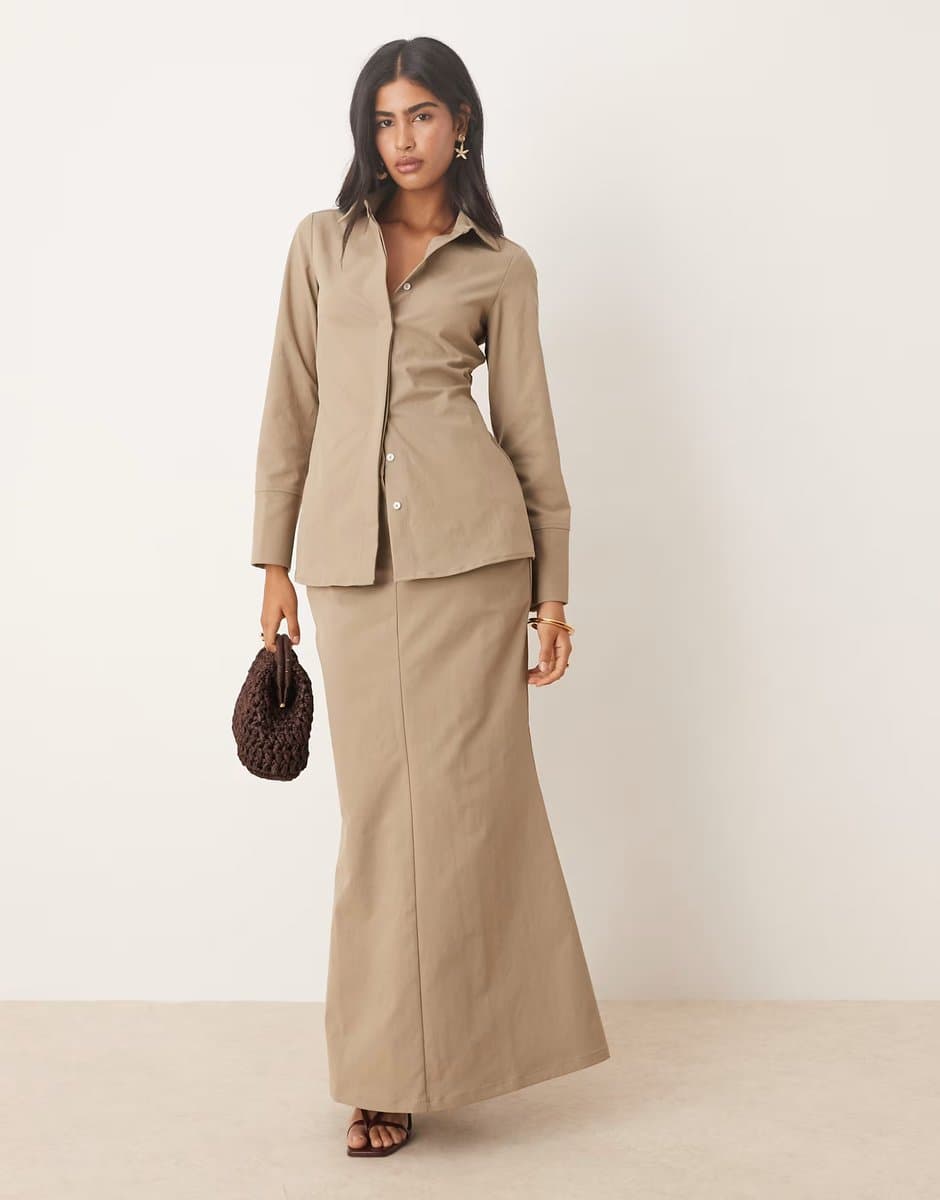 ASOS Pretty Lavish flared maxi skirt co-ord in stone