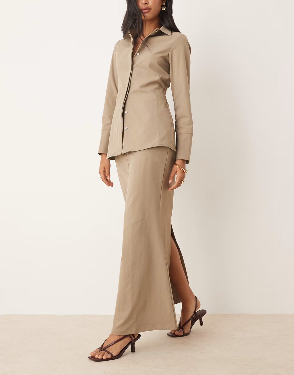 ASOS Pretty Lavish flared maxi skirt co-ord in stone - 4