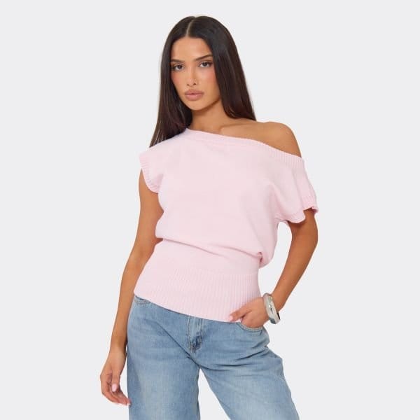 EGO Off The Shoulder Blouson Top In Baby Pink Knit, Women's Size UK Large L - 1