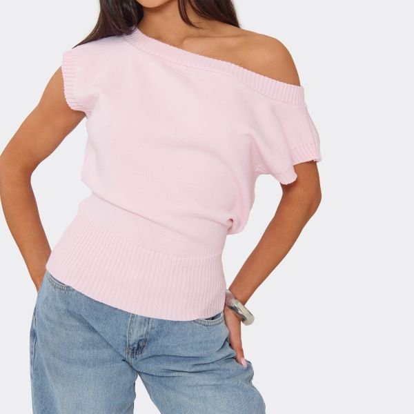 EGO Off The Shoulder Blouson Top In Baby Pink Knit, Women's Size UK Large L - 2