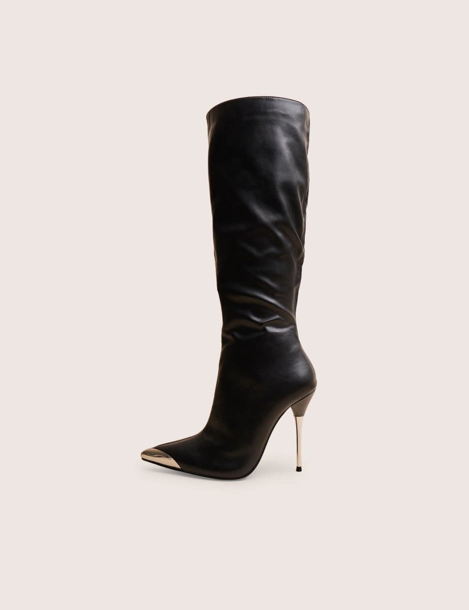 Public Desire Public Desire Black PU Metal Toe Knee High Stiletto Boots