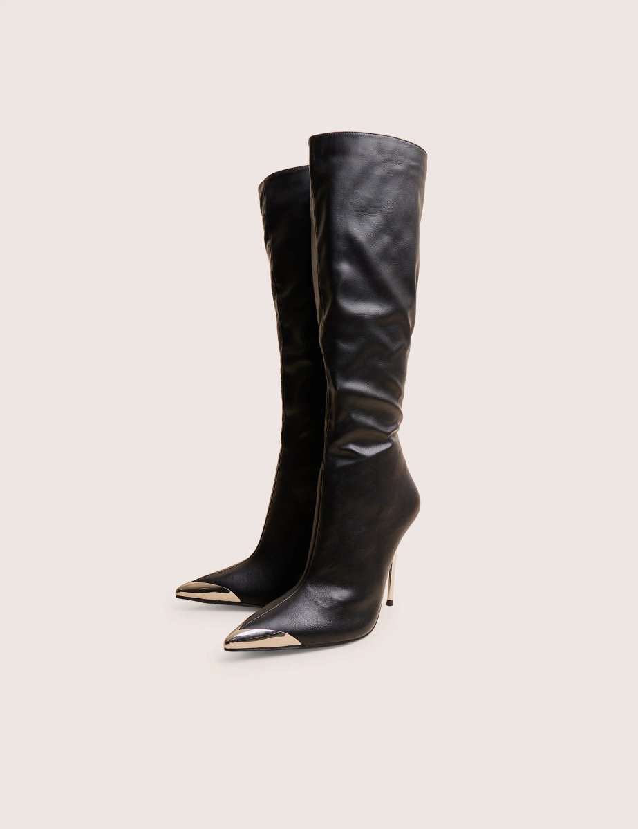 Public Desire Finery Black Pu Metal Toe Capped Zip Up Knee High Stiletto Boots - 2