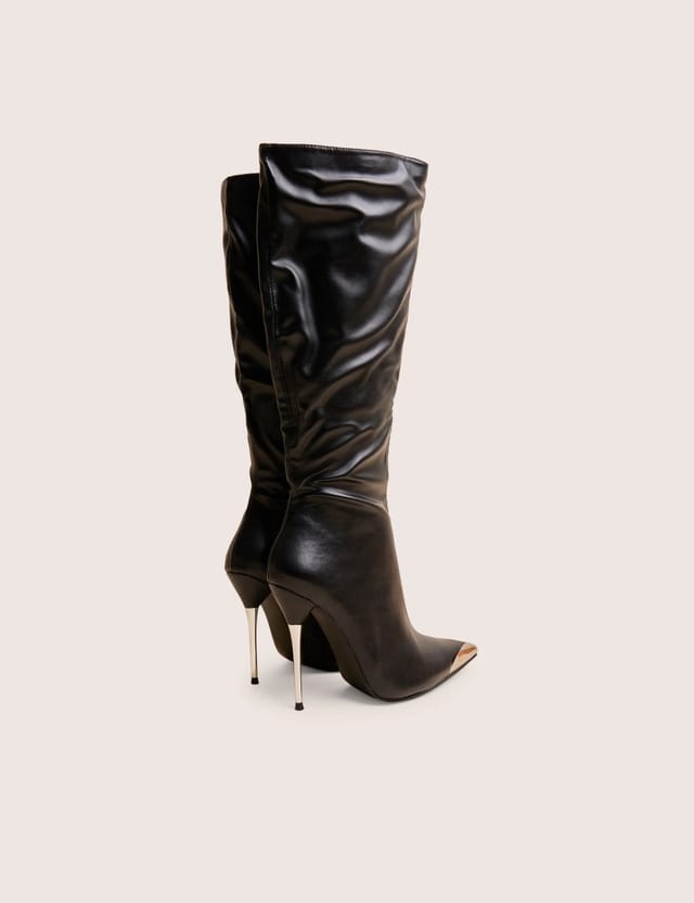 Public Desire Finery Black Pu Metal Toe Capped Zip Up Knee High Stiletto Boots - 3