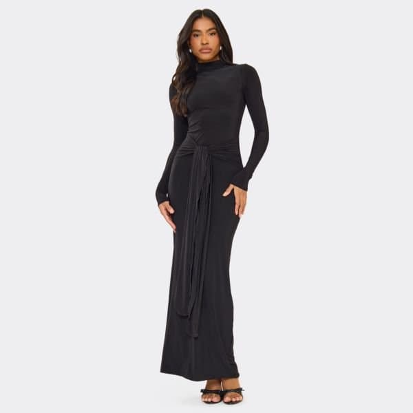 EGO Long Sleeve High Neck Drape Detail Maxi Dress In Black Slinky In Black, Women's Size UK 6