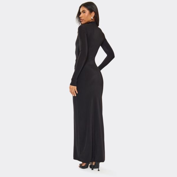 EGO Long Sleeve High Neck Drape Detail Maxi Dress In Black Slinky In Black, Women's Size UK 6 - 2