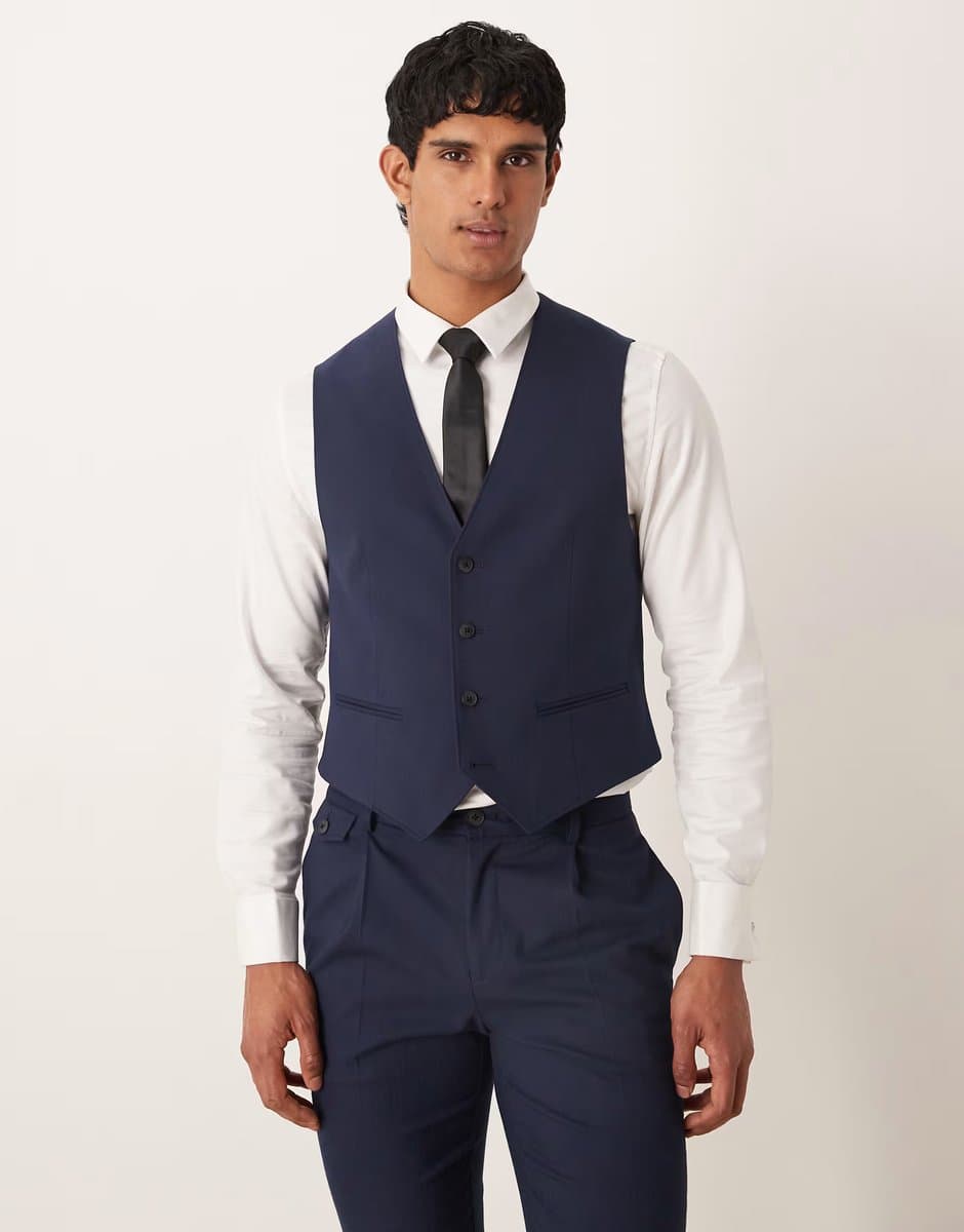 ASOS ASOS DESIGN skinny suit waistcoat in navy herringbone flannel