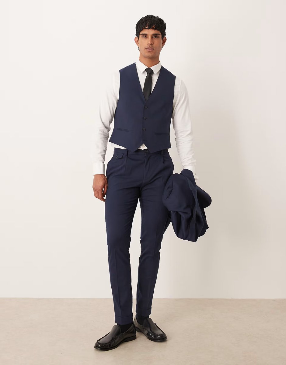 ASOS ASOS DESIGN skinny suit waistcoat in navy herringbone flannel - 2