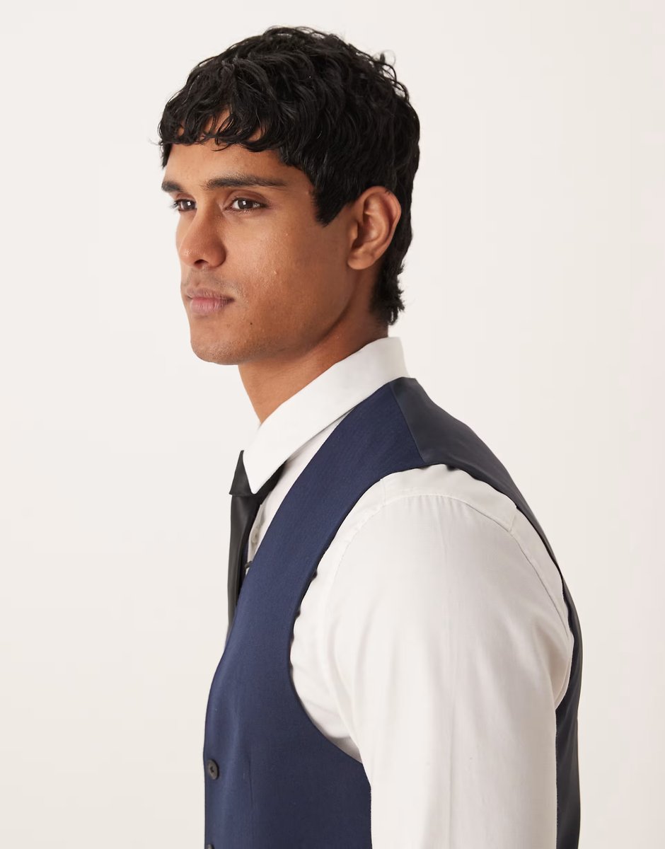ASOS ASOS DESIGN skinny suit waistcoat in navy herringbone flannel - 4