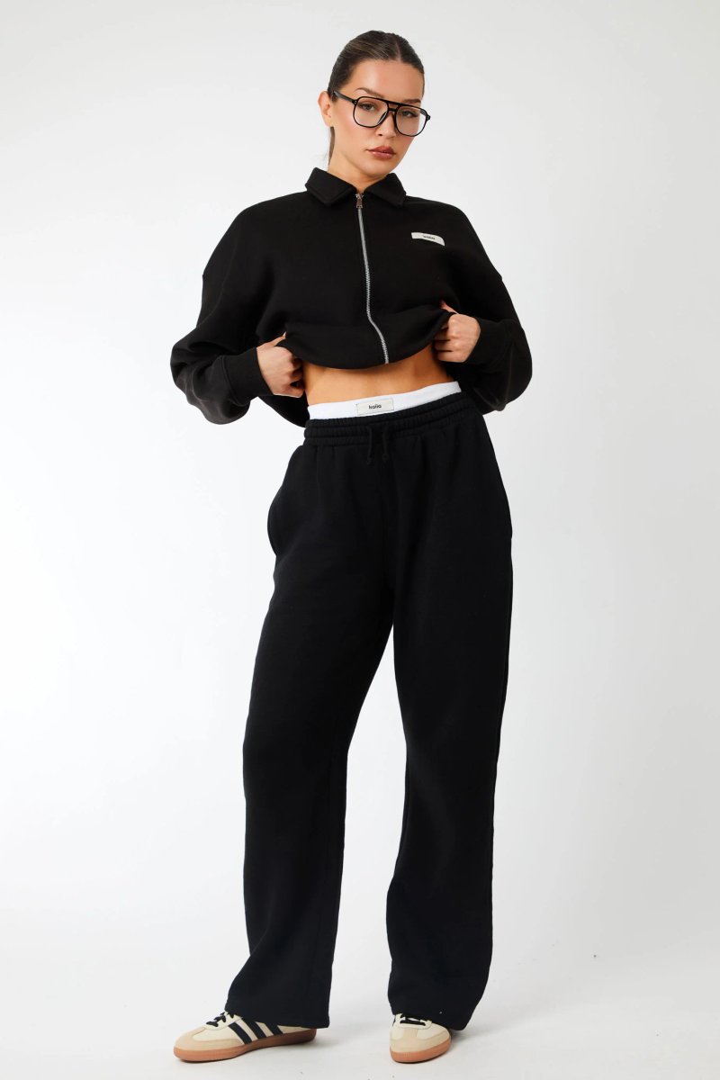 Kaiia Kaiia Label Logo Exposed Waistband Wide Leg Joggers Black - 3