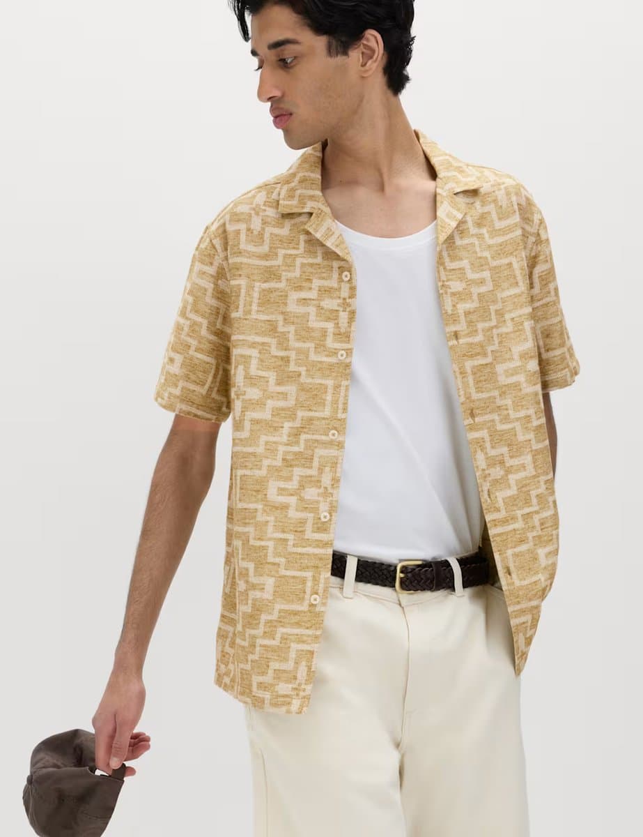 Marks & Spencer M&S Cotton Rich Geometric Short Sleeve Shirt Olive Mix