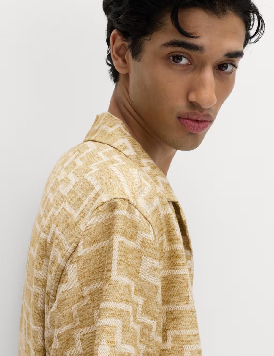 Marks & Spencer M&S Cotton Rich Geometric Short Sleeve Shirt Olive Mix - 2