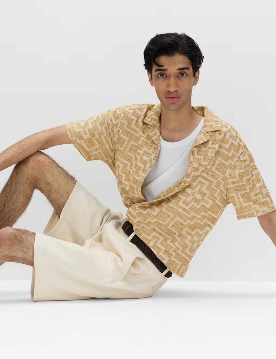 Marks & Spencer M&S Cotton Rich Geometric Short Sleeve Shirt Olive Mix - 4