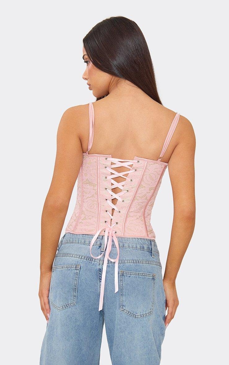 EGO Strappy Lace Up Back Structured Corset Top In Pink Lace, Women's Size UK 6 - 2