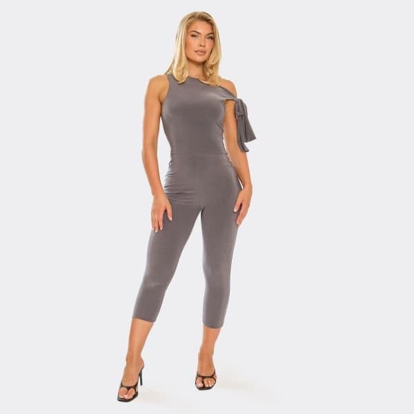 EGO Tie Shoulder Detail Capri Jumpsuit In Grey Slinky, Women's Size UK 6