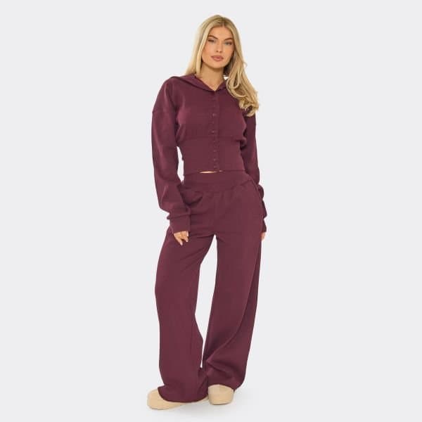 EGO Low Rise Wide Leg Joggers In Plum Ribbed, Women's Size UK 6