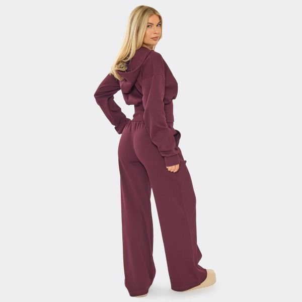 EGO Low Rise Wide Leg Joggers In Plum Ribbed, Women's Size UK 6 - 2