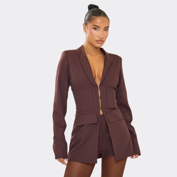 EGO Long Sleeve Split Front Corset Detail Blazer Playsuit In Chocolate Brown, Women's Size UK 6 - 1