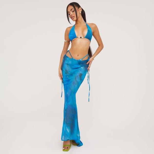 EGO Beaded Detail Triangle Bikini Set With Maxi Skirt In Blue Print, Women's Size UK 6